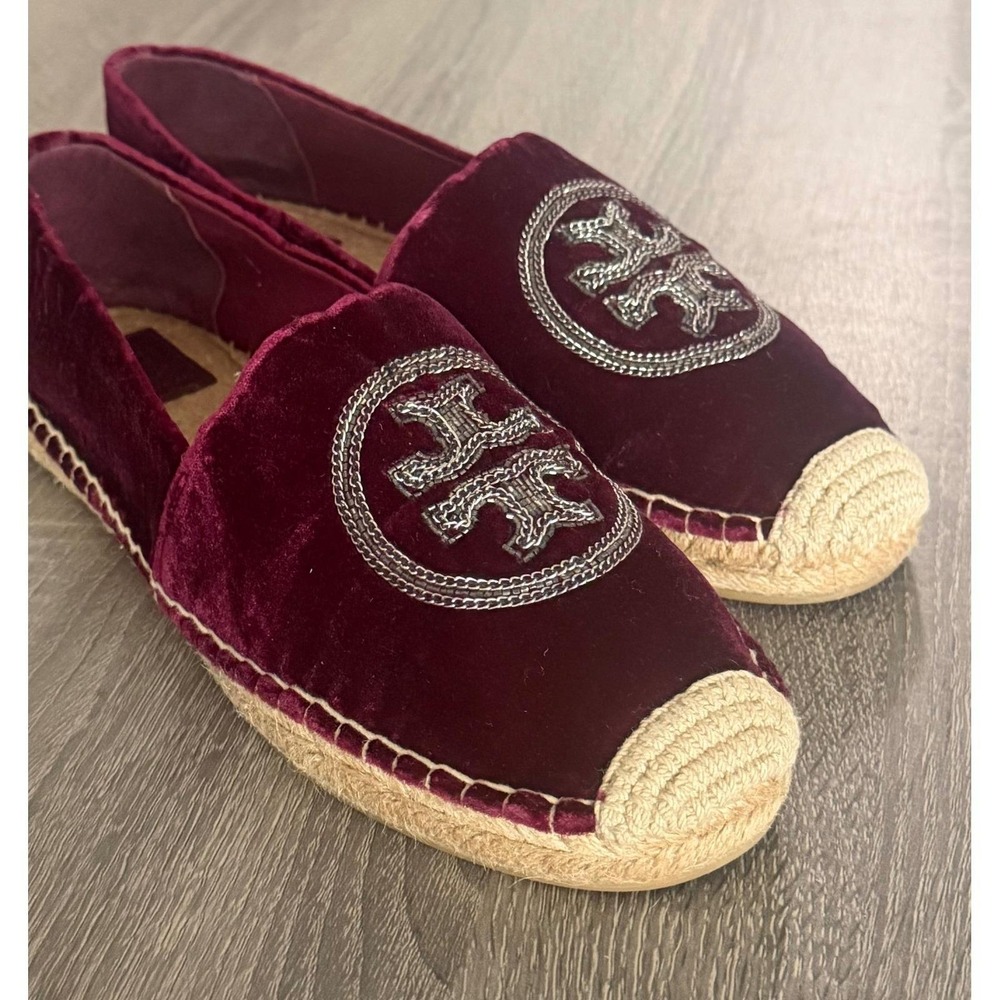Tory Burch Poppy Metallic Logo Velvet Espadrilles Burgundy Wine 10.5M 5585 - Picture 14 of 16